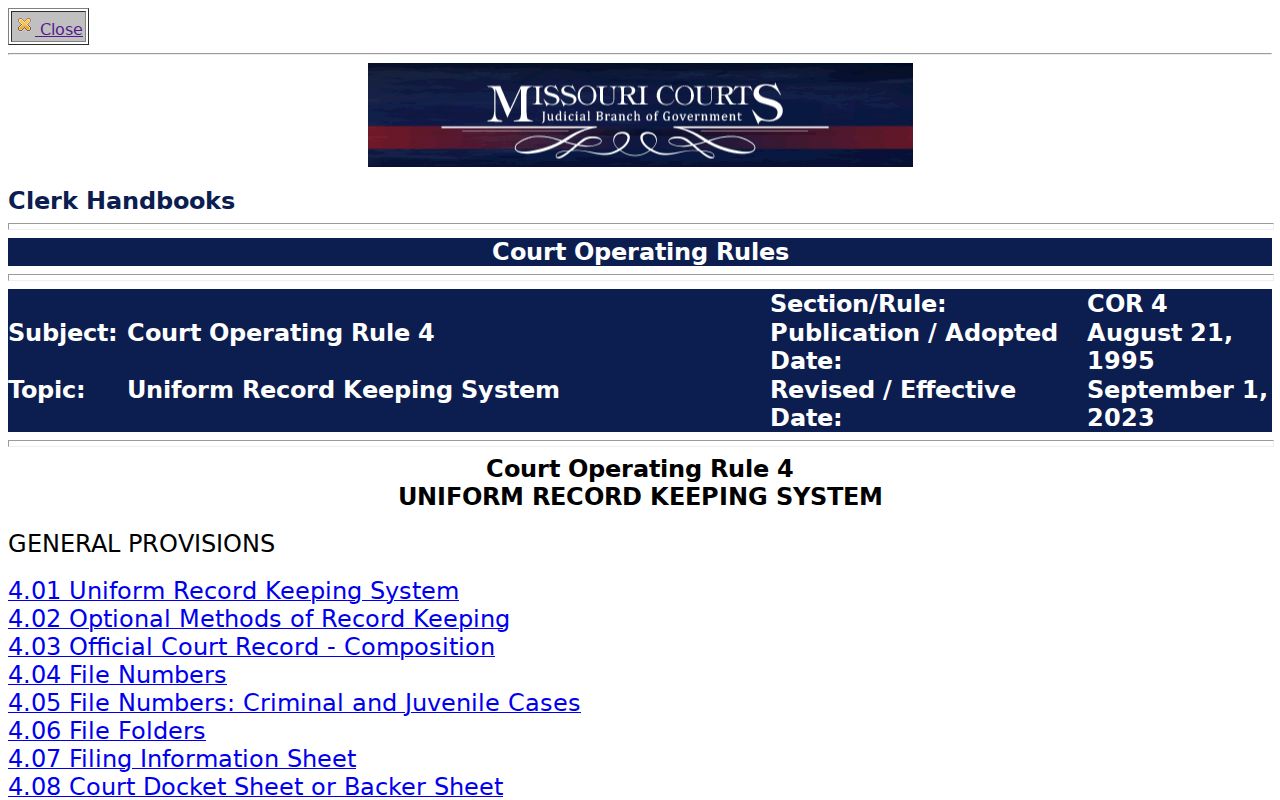 Official Missouri Court Operating Rule 4 material about statewide case records and public access
