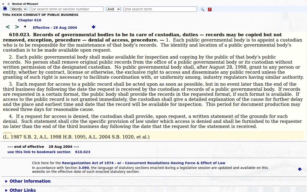 Missouri Sunshine Law section 610.023 on inspection, copying, and custodian response duties