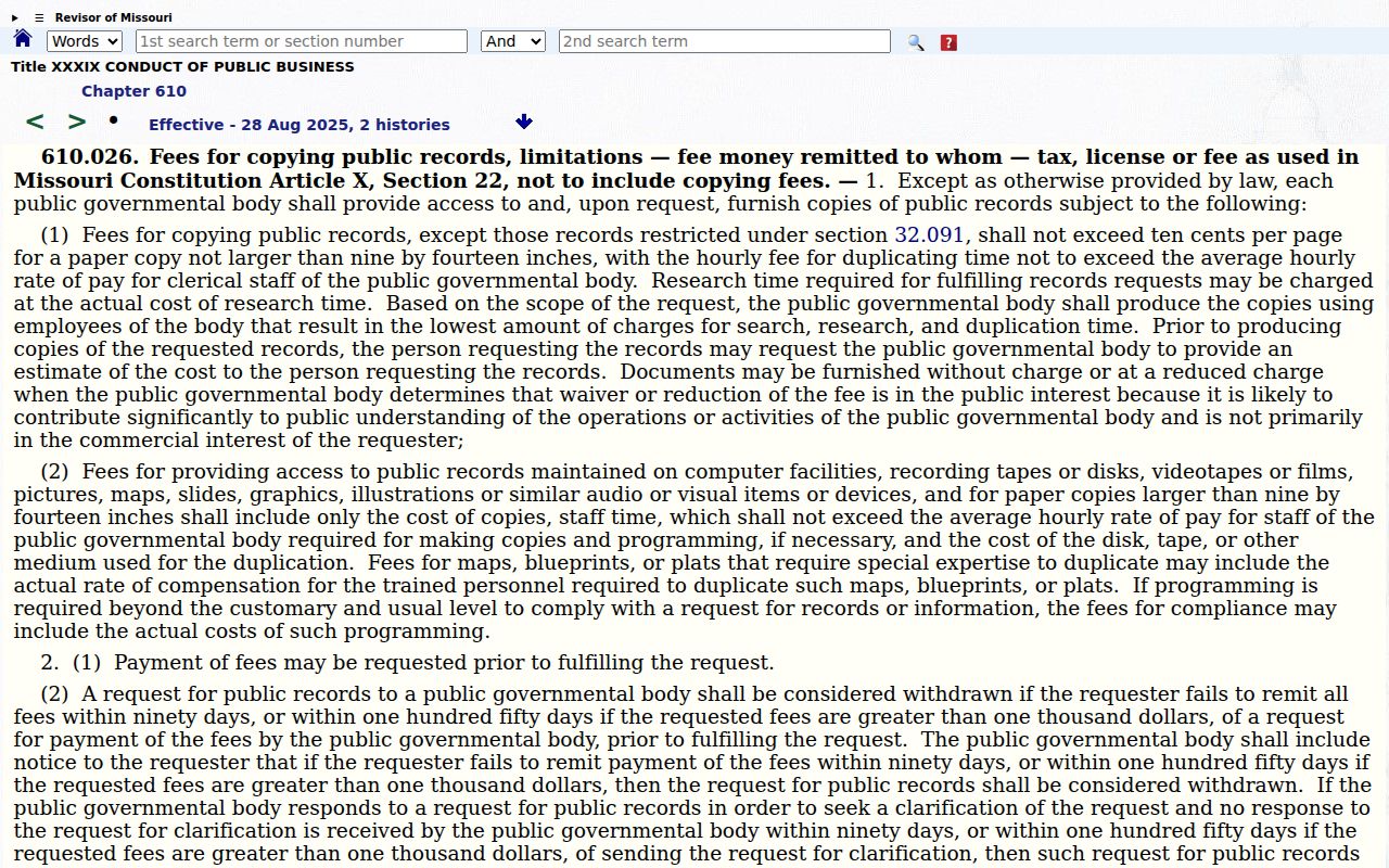 Missouri Sunshine Law section 610.026 on copy-cost limits and research charges