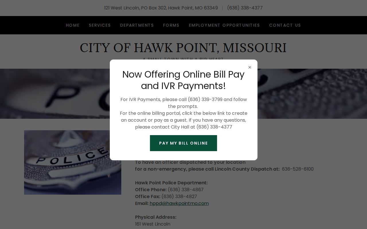 Hawk Point official police page identifying municipal court at the Lincoln County Justice Center