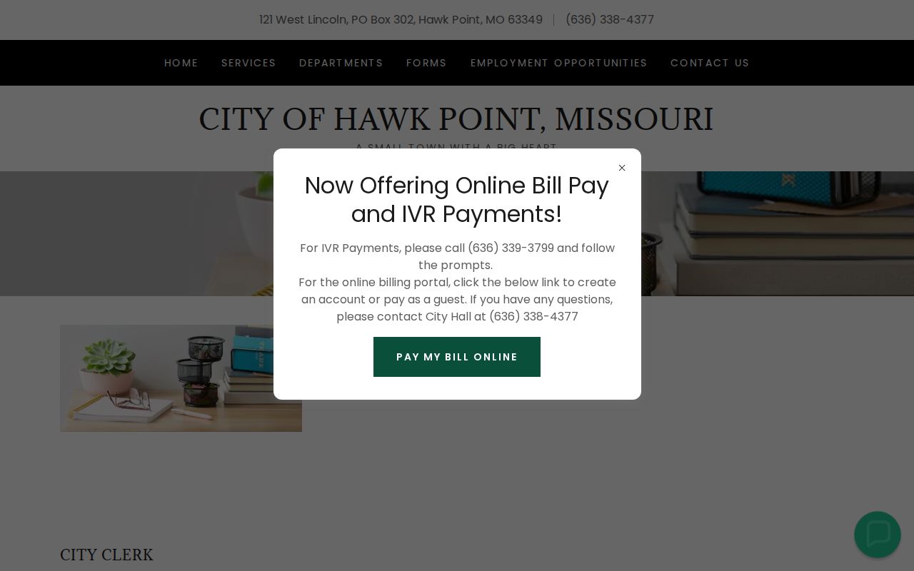 Hawk Point City Hall official page describing the City Clerk records-custodian role