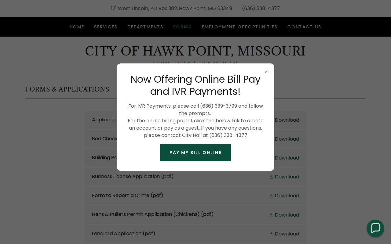 Hawk Point official forms page listing a records request form and ordinance forms