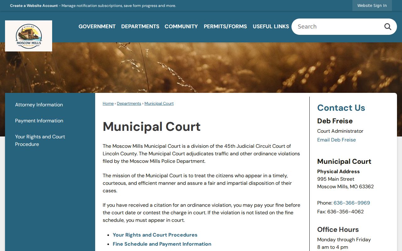 Moscow Mills Municipal Court official page with court contact, session, and Case.net information