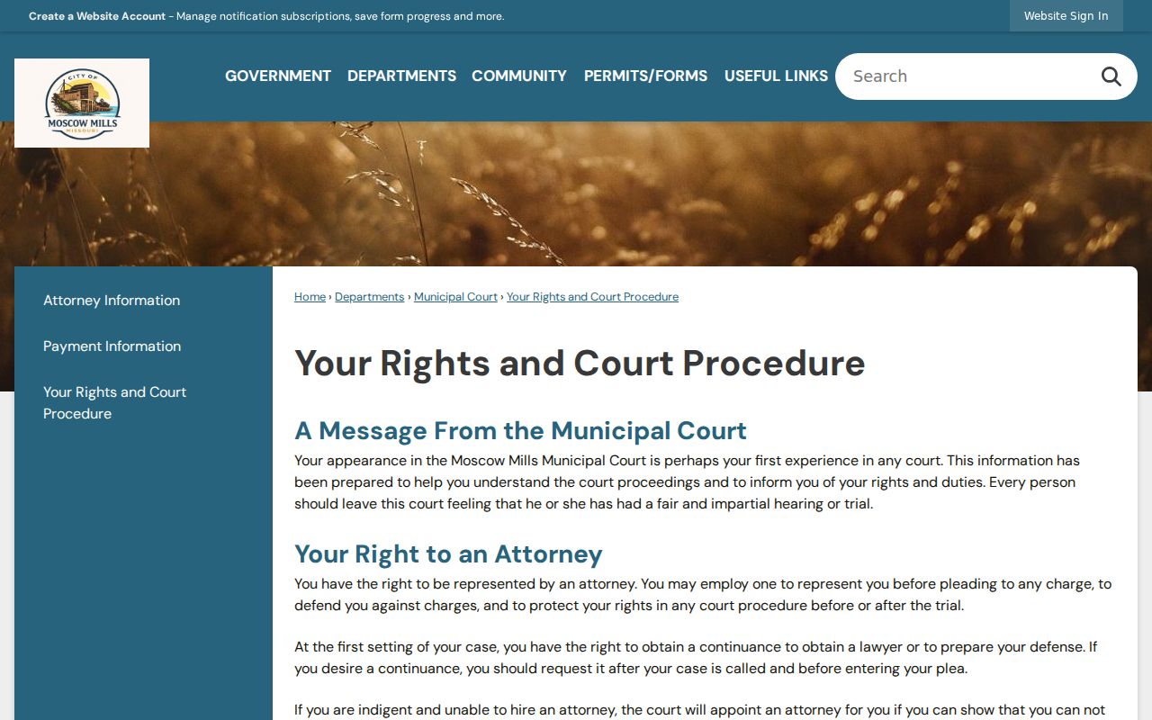 Moscow Mills official court procedure page describing arraignment, pleas, continuances, trials, and appeals