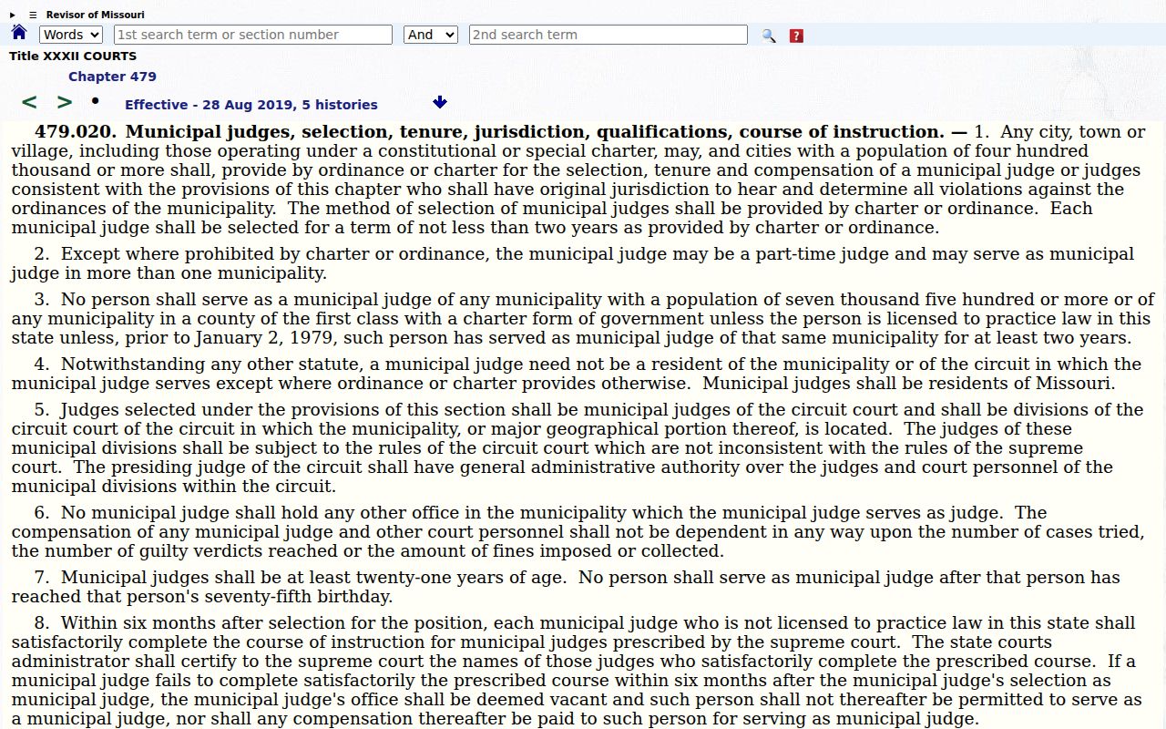 Missouri statute section 479.020 on municipal judges as circuit-court municipal divisions