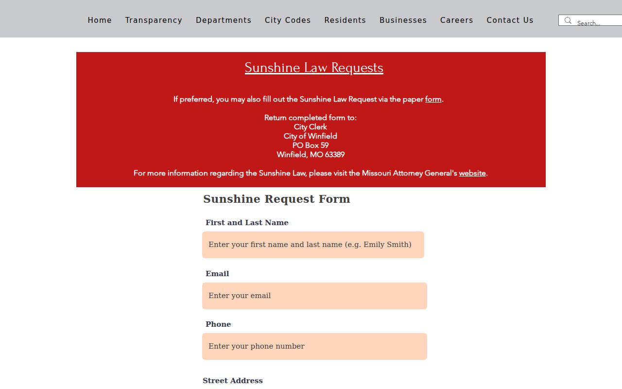 Winfield court docket source showing Winfield Sunshine Law city records request form